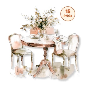 Puede incluir: Ilustración en acuarela de una mesa de comedor para dos, con una mesa redonda de madera, dos sillas y un centro floral. La mesa está puesta con platos, vasos y una servilleta. Incluye el texto "15 PNGs".
