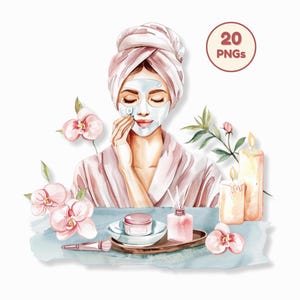 May include: A watercolour illustration of a person wearing a face mask, wrapped in a towel and robe, with spa day items. Includes candles, orchids, and skincare products. The image has the text "20 PNGs".