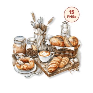 May include: Watercolor illustration of a breakfast scene with bread, croissants, coffee, and jars of ingredients. A basket of bread, a croissant on a plate, and a cup of coffee with latte art are featured. The image includes the text "15 PNGs".