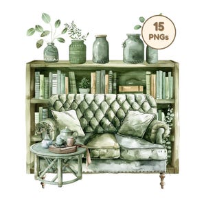 May include: Watercolor illustration of a cozy living room scene. A green tufted sofa sits in front of a bookshelf filled with books. A small round table holds a tea set. Decorative vases and plants are on top of the bookshelf. The image includes the text "15 PNGs".