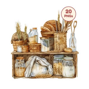 Könnte beinhalten: Eine Aquarellillustration eines Holzregals mit Backzubehör, darunter Glasgefäße mit Getreide, ein weißer Stoffsack, Holzkörbe, Brotlaibe, Weizenähren und hölzerne Küchenutensilien. Ein kreisförmiges Abzeichen zeigt den Text 20 PNGs.