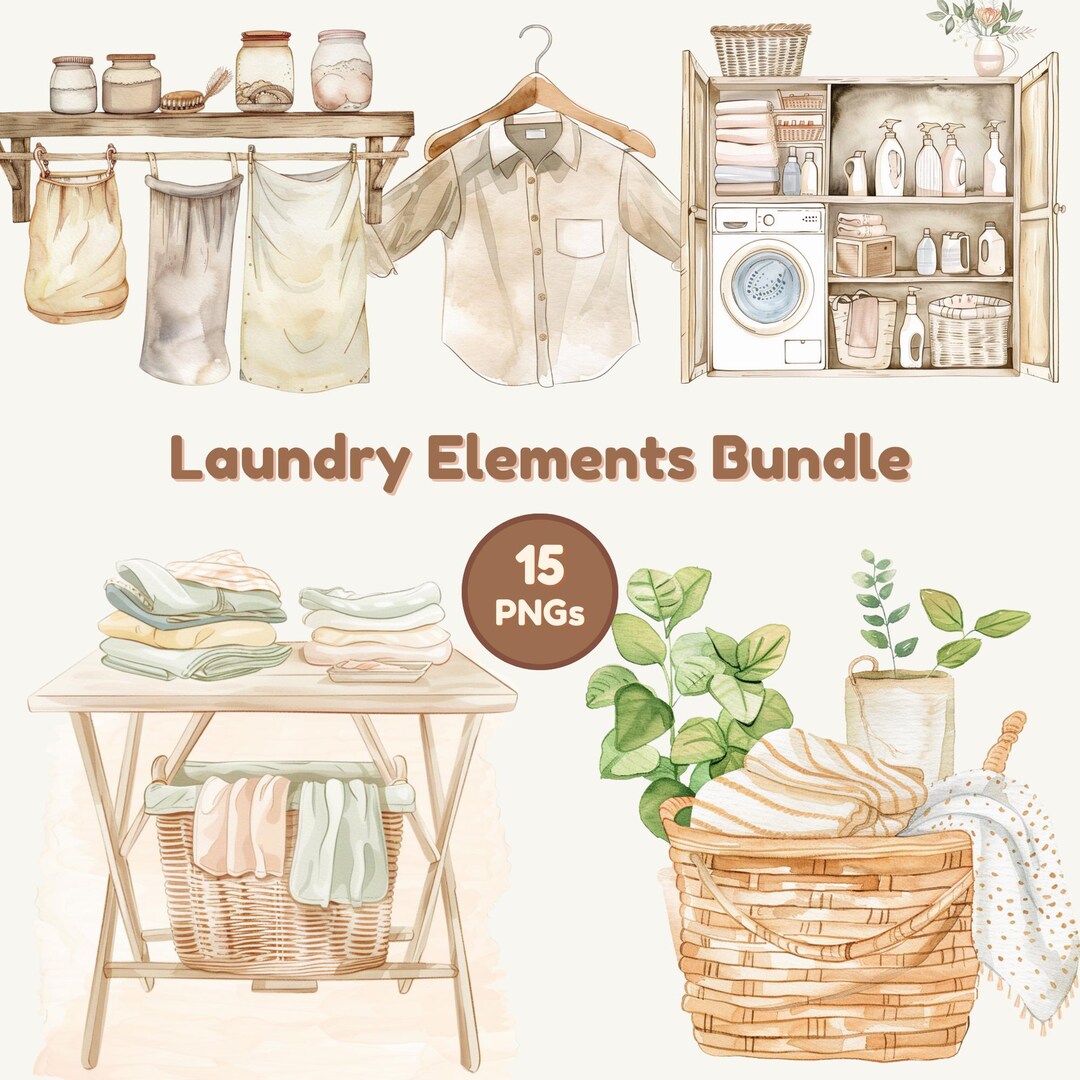 Laundry Elements Clipart Bundle, 15 Transparent Background Pngs, 300 ...