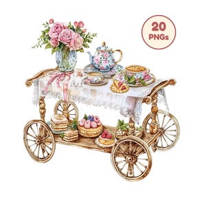 Puede incluir: Un carrito de té de madera con cuatro ruedas, cubierto por un mantel de encaje blanco. El estante superior sostiene una tetera floral, tazas y un jarrón con rosas rosas. El estante inferior muestra varios pasteles. Un sello indica 20 PNGs.