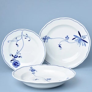 Juego de 12 platos de porcelana Bohemia Original ECO Zwiebelmuster para 4 personas con diseño de cebolla azul 4 platos llanos + 4 platos de postre + 4 platos hondos NUEVO