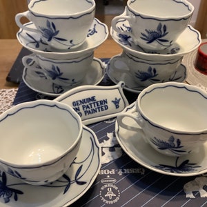 6 x Zwiebelmuster Bohemia Original Blue Onion Pattern Oversize 6.76 oz Coffee Cup and Saucer Set porcelain hand painted
