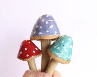 Fiesta Garden Mushrooms- Ceramic Mushroom Stakes- Garden Decorations- Set of Four