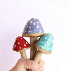 Fiesta Garden Mushrooms- Ceramic Mushroom Stakes- Garden Decorations- Set of Four