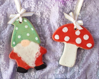 Gnome and Red Mushroom Ceramic Ornaments- Set of Two- Handmade Ornaments-Christmas Ornaments