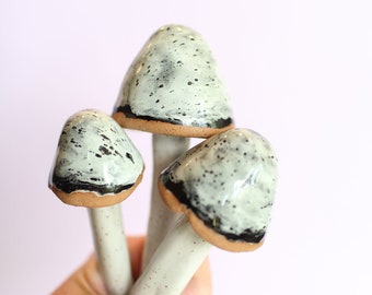 Black and White Ceramic Mushrooms- Garden Mushroom Stakes- Shaggy Mane Mushrooms- Garden Decorations