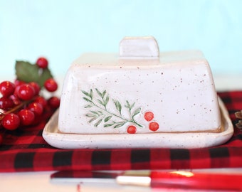 Christmas Holly Leaf Butter Dish- Winter Berry Butter Dish- Ceramic Butter Dish
