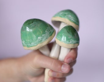 Green Ceramic Mushroom- Verdigris Agaric Mushrooms- Garden Mushroom Stakes- Garden Decorations- Set of Four