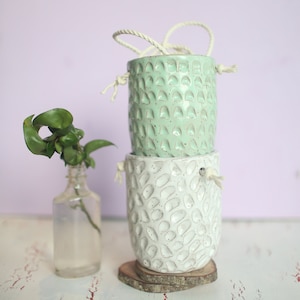 Ceramic Hanging Planters- Hand Carved Ceramic Planter- Hanging Planter- Handmade Ceramic Planter-