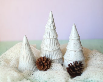 Large Ceramic Christmas Tree Set- White Christmas Tree Set- Handmade Pottery-Set of Three- Winter Decorations