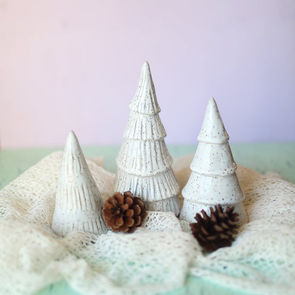 Large Ceramic Christmas Tree Set- White Christmas Tree Set- Handmade Pottery-Set of Three- Winter Decorations