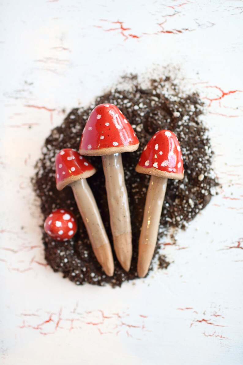 Red Garden Mushrooms Ceramic Garden Stakes Amanita Etsy