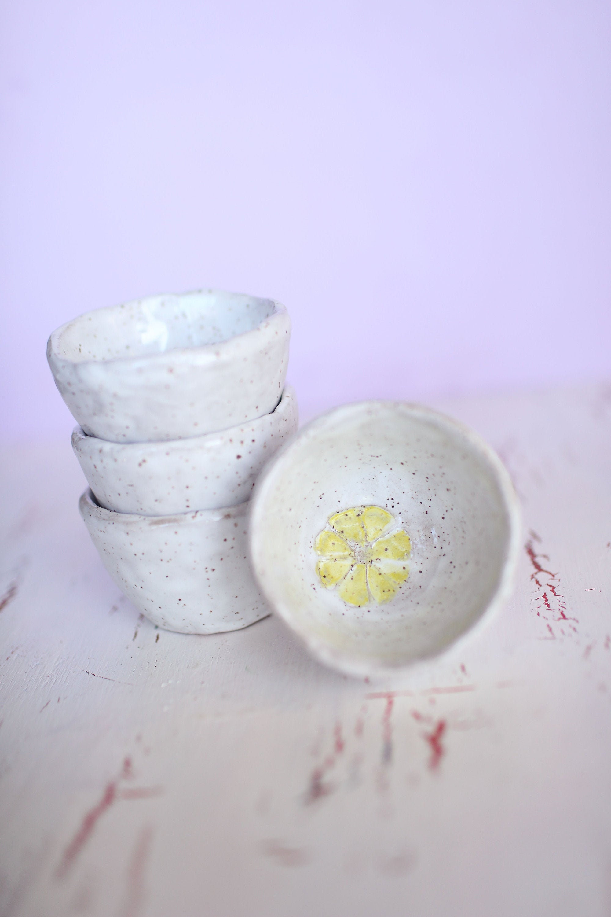 6x Lemon Small Ceramic Bowls Set Pieces Handmade Fruit Shapped
