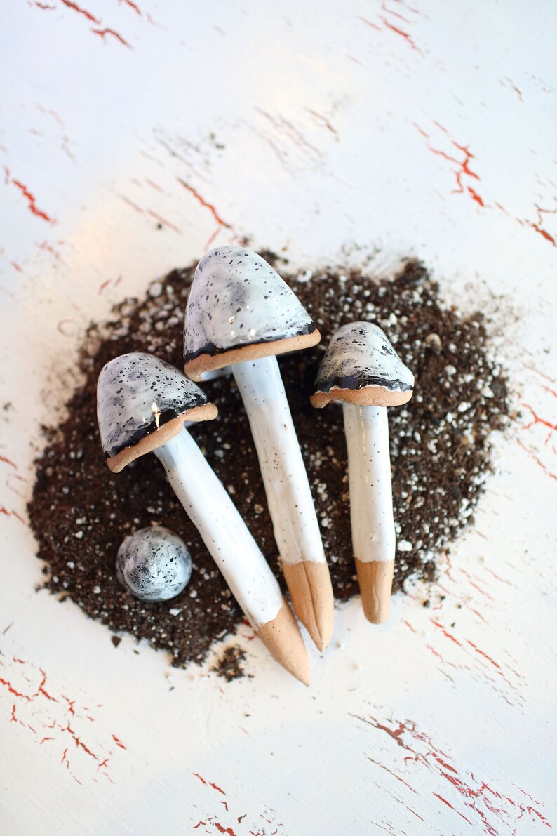 Black and White Ceramic Mushrooms Garden Mushroom Stakes Etsy