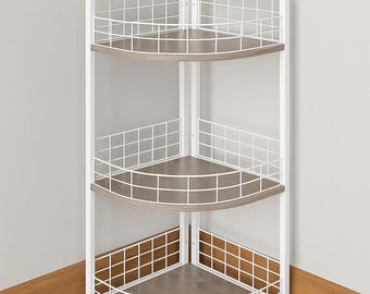 3-Tier bathroom corner shelf Organizer | Freestanding Storage shelves with Safety Fence | Wood & Metal Corner Stand for bathroom space saver