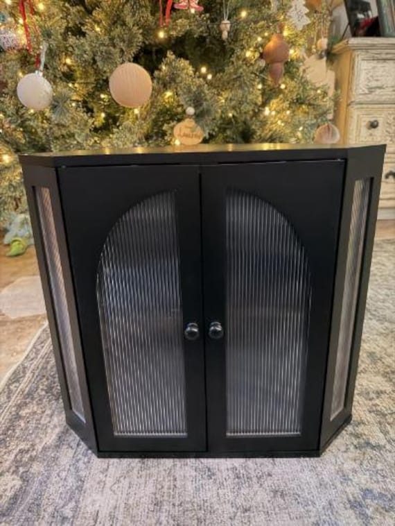 Corner Bread Box – Black Metal Bread Storage Cabinet, Ribbed Glass Bread Organizer, Modern Kitchen Countertop Bread Holder, Bread Pantry Box