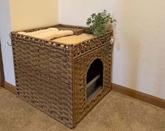 Caja de arena para gatos de ratán tejido a mano, casita oculta para gatos
