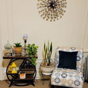May include: A living room scene featuring a decorative wall art piece, a small side table with plants and decor, a patterned armchair with a black pillow, and a potted plant. The room has a neutral color palette.