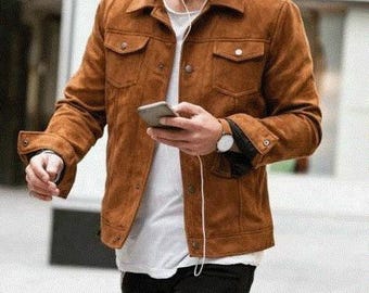 Men's Western suede Tan Brown Denim Style Trucker Jacket