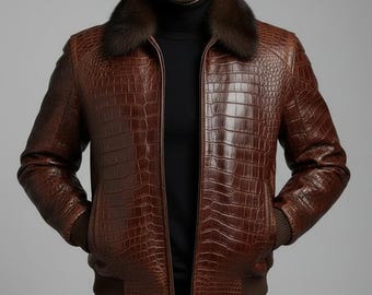 Men's Brown Crocodile Embossed Leather Bomber Jacket with Fur Collar