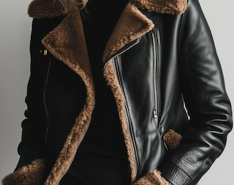 Women’s Black Shearling Real Leather Jacket Handmade Fit Winter Coat with Fur Collar