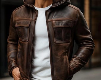 Men's Distressed Brown Leather Jacket with Hood | Vintage Biker Style | Casual Bomber