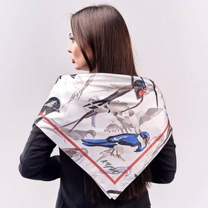 Women Scarves with Bird Print Swallow Square Headscarf Lightweight Fashion Shoulder Accessory Silk Bird Scarves Gift for Best Friend