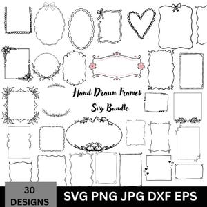 Peut inclure: Une collection de 30 modèles de cadres dessinés à la main en noir et blanc. Les cadres sont de formes variées, notamment des carrés, des ovales et des cœurs, avec des éléments décoratifs tels que des nœuds, des fleurs et des vignes. Le texte indique "Hand Drawn Frames Svg Bundle" et "30 Designs."