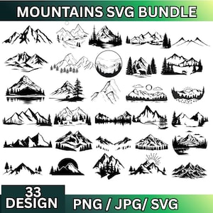 May include: A collection of 33 mountain designs in black and white. The designs include various mountain ranges, trees, and nature scenes. Text at the top reads "MOUNTAINS SVG BUNDLE". The bottom text says "33 DESIGN PNG / JPG / SVG".