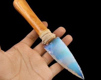 Handcrafted 8-Inch Crystal Knife with Opalite Handle – Arrowhead Athame for Rituals & Spiritual Altar Work