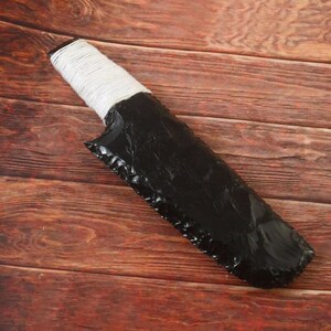 6" Black Obsidian Knife – Hand Knapped Stone Blade with Wrapped Handle – Primitive Survival Tool