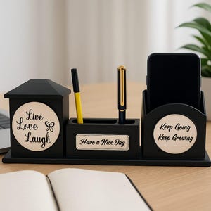 Wooden pen/pencil stand with mobile holder & visiting card for office desk/table, pen holder, desk accessories, wood pen/pencil case