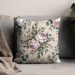 Floral Peony Pillow Case, Botanical Print Cushion Cover, Decorative Flower Pillow, Nature Inspired Throw Pillow, Home Decor Cushion
