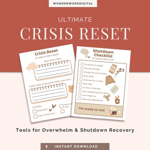 Könnte beinhalten: Zwei druckbare Checklisten mit den Titeln "Crisis Reset" und "Shutdown Checklist" mit dem Text "Ultimate Crisis Reset". Die Checklisten enthalten Aufforderungen zur Selbstpflege und Genesung. Das Bild ist in Braun- und Weißtönen gehalten.