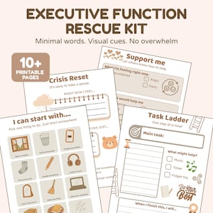 May include: A set of printable pages titled "Executive Function Rescue Kit" with prompts for managing emotions and tasks. The pages include sections for crisis reset, support, and task management, with visual cues and minimal text. The color scheme is soft beige and brown.