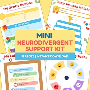 Könnte beinhalten: Ein farbenfrohes, druckbares Mini-Neurodivergent-Support-Kit mit vier Seiten. Das Kit enthält eine sanfte Routine, einen Schritt-für-Schritt-Helfer, eine Gefühlstabelle und einen Kalender. Der Text auf dem Bild lautet "4 Seiten | Sofort-Download".