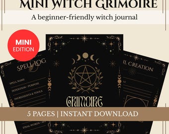 Könnte beinhalten: Digitales Mini-Hexen-Grimoire für Anfänger. Die schwarzen Seiten zeigen ein Pentagramm, Halbmonde und Sterne. Der rote Kreis zeigt "Mini Edition". Enthält Zauberprotokolle und Erstellungsseiten.