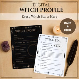 May include: A digital witch profile and witch log on a tan background. The witch profile is black with gold accents and the text "Witch Profile". The witch log is white with black text. A lit candle, amethyst crystal, and feather quill are also present.