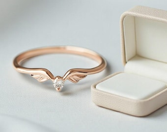 Angel Wing Diamond Ring, Dainty Guardian Angel Promise Ring, Rose Gold Minimalist Wing Ring, Spiritual Protection Jewelry Gift for Her
