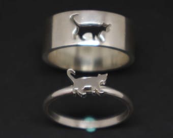 Matching Cat Rings – Sterling Silver Cat Couple Rings – Cat Lover Jewelry – Promise Rings for Her & Him – Handmade Animal Jewelry Gift