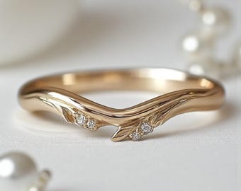 Leaf Diamond Contour Ring, Dainty Gold Stacking Band, Nature Inspired Curved Ring, Minimalist Bridal Wedding Band, Promise Ring for Her