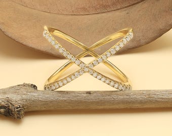 Anillo en X, Anillo cruzado, Anillo cruzado, Anillo en X chapado en oro, Anillo en X de moissanita, Anillo de cruz en X, Anillo llamativo, Anillo delicado, Regalos de Navidad