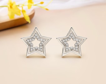 Diamond Star Threadless Earring – Real Moissanite Cartilage Helix Conch Tragus Stud, Tiny Star Labret Nose Jewelry, Flat Push Back Piercing