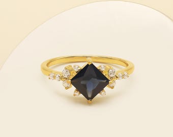 Blue Sapphire Ring, Solitaire Ring, 925 Sterling Silver, September Birthstone, Square Cut Ring, Silver Jewelry Ring, Anniversary Gift Ring