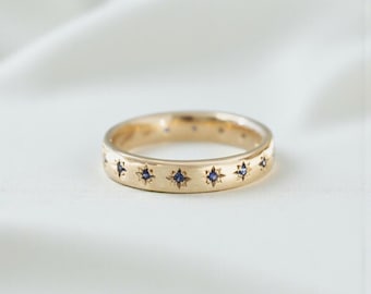 Blue Sapphire Star Half Eternity Band, Sapphire Minimalist Engagement Band, Stackable Anniversary Ring For Her, Star Proposal Band Ring
