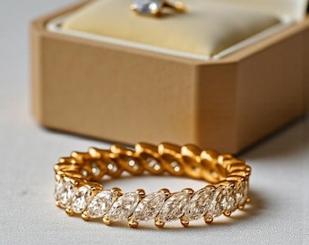 Marquise Diamond Eternity Band, Gold Wedding Band, Vintage Marquise Cut Ring, Anniversary Gold Band, Stacking Bridal Diamond Ring Gifts