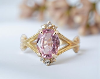 Dainty Oval Cut Pink Sapphire Engagement Ring Vintage Unique Ring Pink Sapphire Diamond Wedding Ring Solitaire Sapphire Anniversary Ring